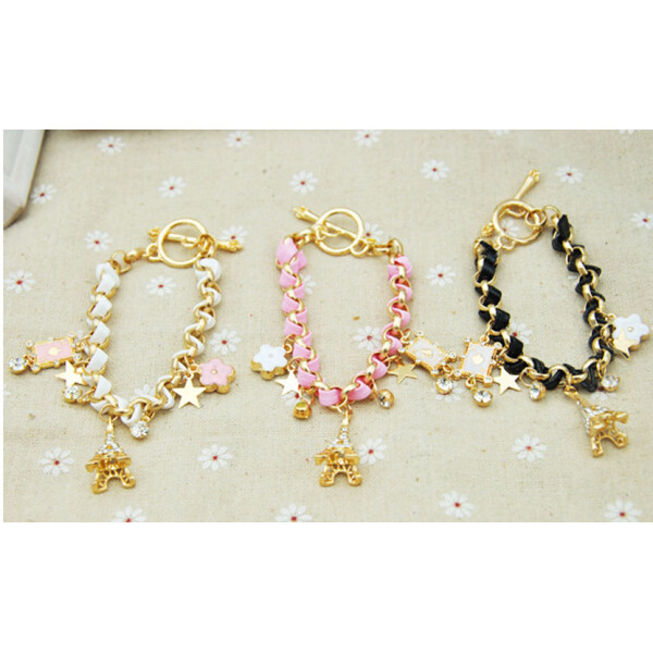 B-0358 New Arrival Korea Style Woven Handmade Leather Chain Stars Hearts Cards Eiffel Tower Pendants Bracelet For Girls
