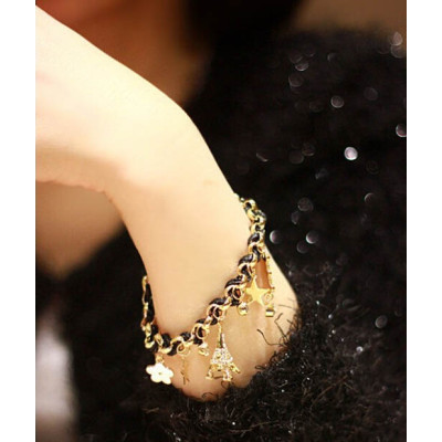 B-0358 New Arrival Korea Style Woven Handmade Leather Chain Stars Hearts Cards Eiffel Tower Pendants Bracelet For Girls