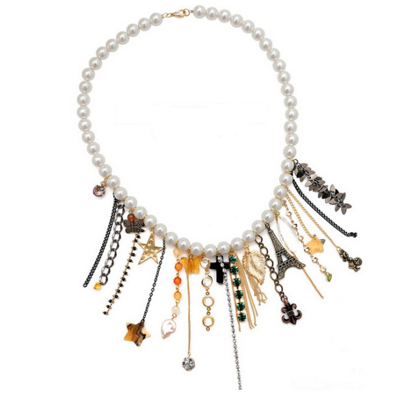 N-3886 fashion pearl chain crystal heart butterfly stars crosses leaf drop tower girl pendant multielement necklace
