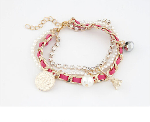 B-0357 New Arrival Korea Style Multilayer mix style pearl coin Eiffel Tower rope gold plated chain Bracelet