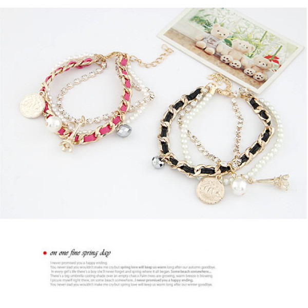B-0357 New Arrival Korea Style Multilayer mix style pearl coin Eiffel Tower rope gold plated chain Bracelet
