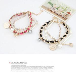 B-0357 New Arrival Korea Style Multilayer mix style pearl coin Eiffel Tower rope gold plated chain Bracelet