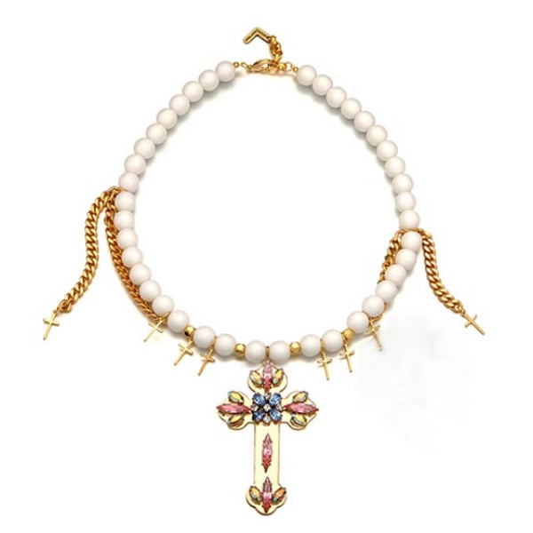 N-3885 Korea Style vintage hollywood Luster White Beads Golden Brilliant Multi-color Crystal Crosses Tassels Pendant Necklace