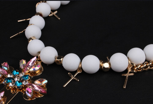 N-3885 Korea Style vintage hollywood Luster White Beads Golden Brilliant Multi-color Crystal Crosses Tassels Pendant Necklace