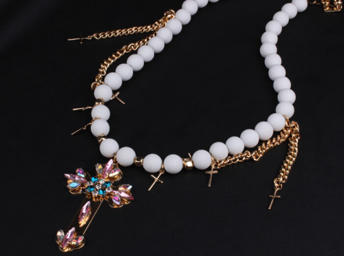 N-3885 Korea Style vintage hollywood Luster White Beads Golden Brilliant Multi-color Crystal Crosses Tassels Pendant Necklace