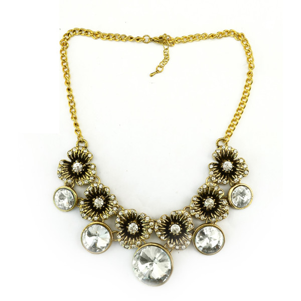 N-3903 Europe Vintage Style Rhinestone Crystal  Carving Flower Necklace
