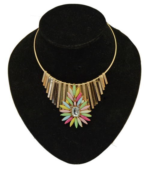 N-3898 Korea Style Gold Plated Hoop Chain Tassels Resin Rainbow Flower Collar Necklace