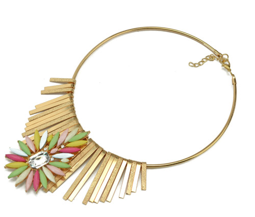 N-3898 Korea Style Gold Plated Hoop Chain Tassels Resin Rainbow Flower Collar Necklace