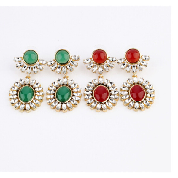E-3134 Fashion gold plated  alloy rhinestone crystal resin gem bead big flower dangle drop earrings for girls 3 colors