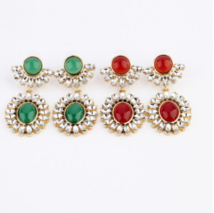 E-3134 Fashion gold plated  alloy rhinestone crystal resin gem bead big flower dangle drop earrings for girls 3 colors