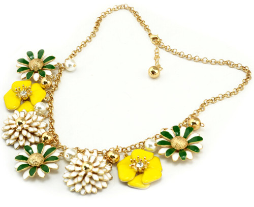 N-3900 European Style Gold Plated Enamel Flower Pearl Ball Pendant Bib Necklace
