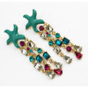 E-3143 Korea Style Gold Plated Alloy Enamel Starfish Colorful Rhinestone Crystal Drop Dangel Earrings
