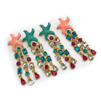 E-3143 Korea Style Gold Plated Alloy Enamel Starfish Colorful Rhinestone Crystal Drop Dangel Earrings