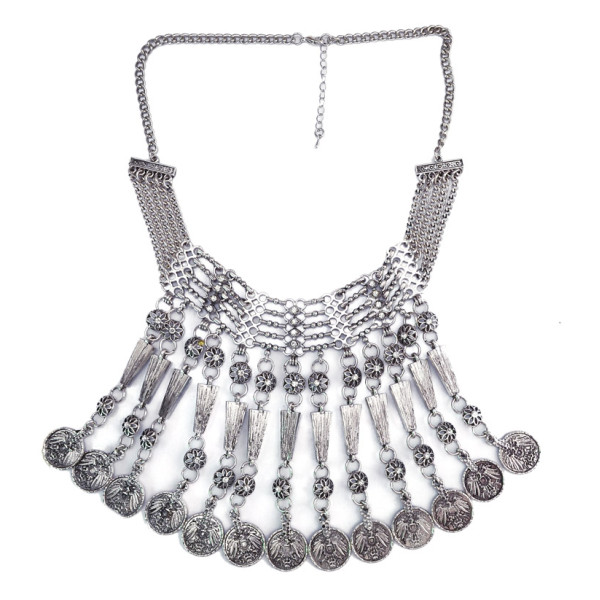 N-3911 New Vintage Style Carving Flower Alloy Rhinestone Bell Evil Coin Tassels Choker Necklace Earrings Set