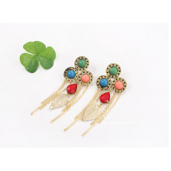 E-3136 Vintage Style Bronze Gold Plated Alloy Drop Acrylic Gem Golden Leaf Chains Tassels Dangle Earrings