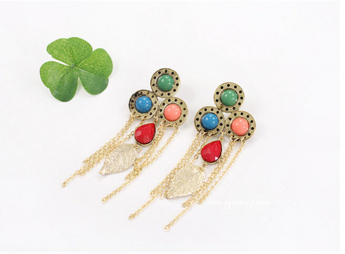 E-3136 Vintage Style Bronze Gold Plated Alloy Drop Acrylic Gem Golden Leaf Chains Tassels Dangle Earrings