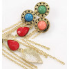 E-3136 Vintage Style Bronze Gold Plated Alloy Drop Acrylic Gem Golden Leaf Chains Tassels Dangle Earrings