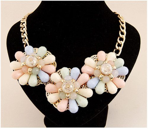 N-3918 Korea Style Summer Jewelry Colorful Drop Resin Gem Clear Crystal Flower Choker Necklace