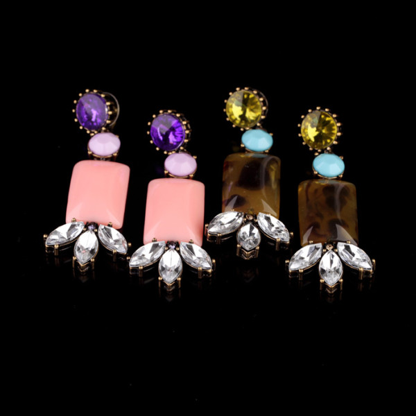 E-0312 European Bronze Alloy Crystal Square Resin Gem Flower Ear Stud Earrings