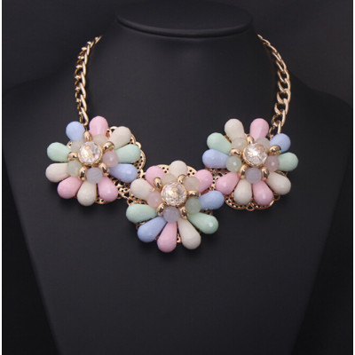 N-3918 Korea Style Summer Jewelry Colorful Drop Resin Gem Clear Crystal Flower Choker Necklace