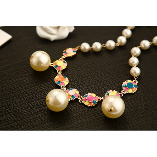 N-3920 Korea Style Summer Jewelry Gold Plated Pearl Chain Colorful  Enamel  Flower Choker Pearl Pendant Necklace