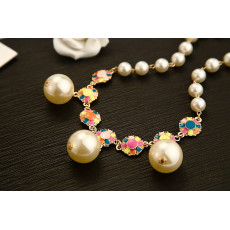 N-3920 Korea Style Summer Jewelry Gold Plated Pearl Chain Colorful  Enamel  Flower Choker Pearl Pendant Necklace