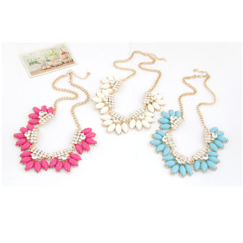 N-3924  Korea Style Summer Jewelry Gold Plated Chain rhinestone Resin Gem Flower Choker Necklace