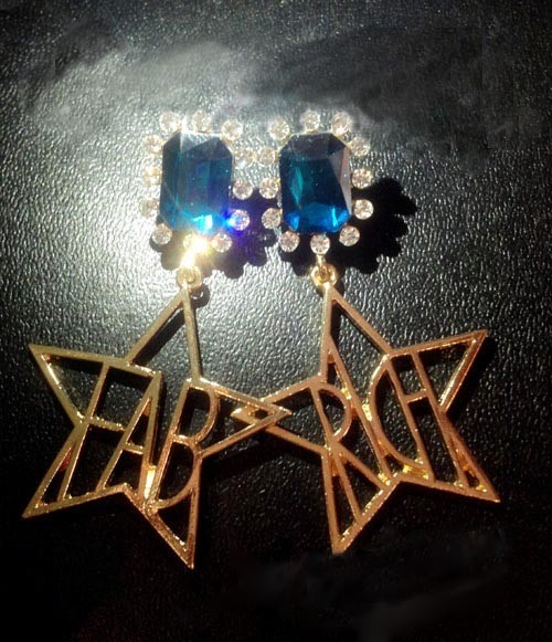 E-3169 korea style gold plated emerald crystal geometric caving letter metallic star dangle earrings