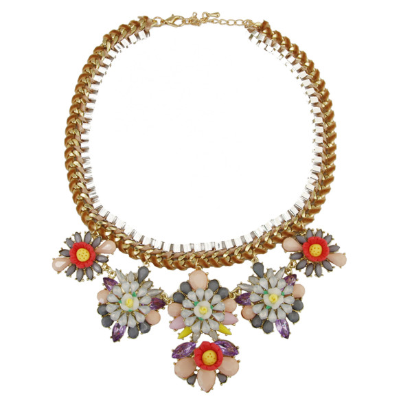 N-3931 Europea Style handmade spraid ribbon silver flat chain multicolor rainbow drop flower statement bib necklace