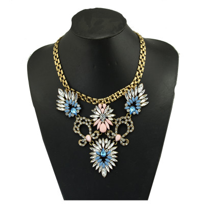 N-3940 Europea Style Bronze Alloy Flat Chain Hollow Out Rhinestone Blue Gem Stone Crystal Leaves Drop Flower Choker Bib Necklace