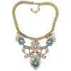 N-3940 Europea Style Bronze Alloy Flat Chain Hollow Out Rhinestone Blue Gem Stone Crystal Leaves Drop Flower Choker Bib Necklace