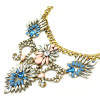 N-3940 Europea Style Bronze Alloy Flat Chain Hollow Out Rhinestone Blue Gem Stone Crystal Leaves Drop Flower Choker Bib Necklace