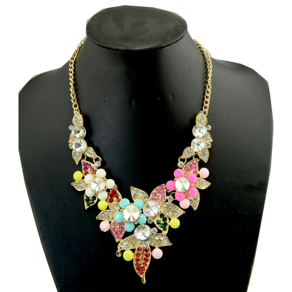 N-3936 New Vintage Style Gold Plated Link Chain Colorful  Flower Alloy Crystal Rhinestone Choker Necklace Earrings Wedding Jewelry  Set