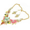 N-3936 New Vintage Style Gold Plated Link Chain Colorful  Flower Alloy Crystal Rhinestone Choker Necklace Earrings Wedding Jewelry  Set