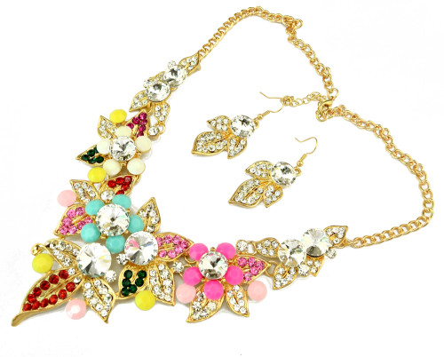 N-3936 New Vintage Style Gold Plated Link Chain Colorful  Flower Alloy Crystal Rhinestone Choker Necklace Earrings Wedding Jewelry  Set