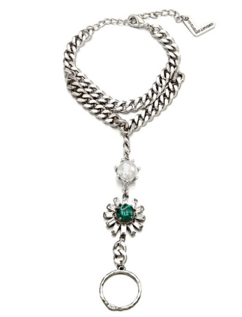 B-0377 Europe Style Silver Plated Chain Pearl Clear Green Crystal Flower Statement Bracelet