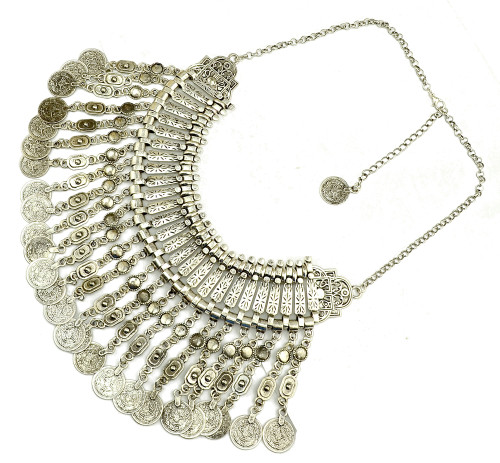 N-3943  New Vintage Style Silver Retro Golden Carving Handcraft Coin Fringe Zamac Necklace