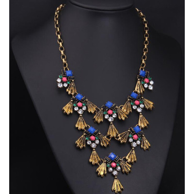 N-3930 Fashion Famous Brand Vintage Boronze Alloy Royalblue Gem Rhinestone Fish Tassels Statement Antique Necklace