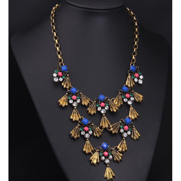N-3930 Fashion Famous Brand Vintage Boronze Alloy Royalblue Gem Rhinestone Fish Tassels Statement Antique Necklace
