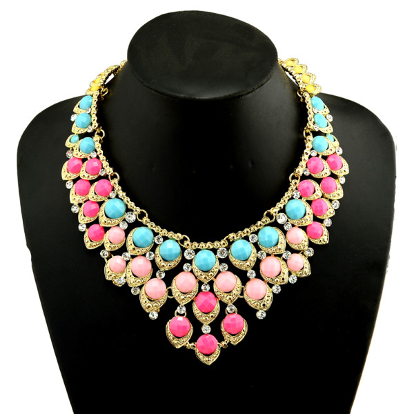 N-3960  Fashion 2 Colors Gold Plated Alloy Candy Resin Gem Rhinestone Drop Choker Bib Necklace