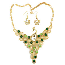 N-3959  Fashion 2 Colors Gold Plated Alloy Drop Cat's Eye Crystal Rhinestone Peacock Earring Necklace Set