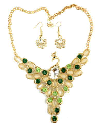 N-3959  Fashion 2 Colors Gold Plated Alloy Drop Cat's Eye Crystal Rhinestone Peacock Earring Necklace Set