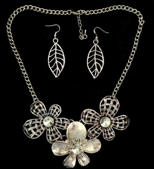 N-3956  Eur Style Vintage Golden Silver Big Hollow Out Crystal Leaf Flower Antique Necklace Earring Sets