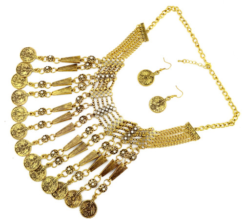 N-3911 New Vintage Style Carving Flower Alloy Rhinestone Bell Evil Coin Tassels Choker Necklace Earrings Set