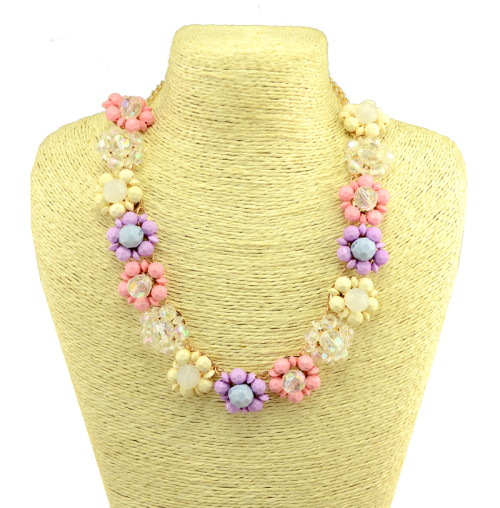 N-3965 Korea Style Gold Plated Alloy Link Chain Colorful Resin Gem Flowers Choker Necklace