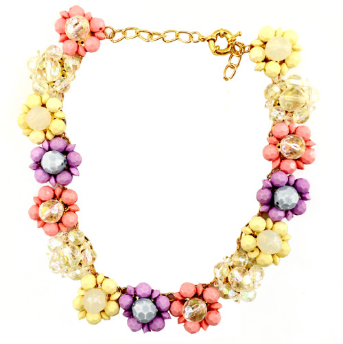 N-3965 Korea Style Gold Plated Alloy Link Chain Colorful Resin Gem Flowers Choker Necklace