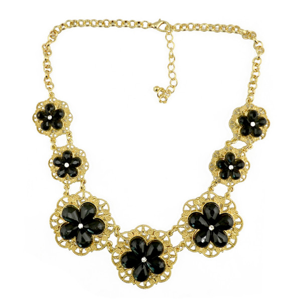 N-3977  Korea Style Gold Plated Alloy Hollow Out Rhinestone Acrylic Drop Gem Flower Statement Necklace