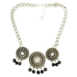 N-3971 New Vintage Style Silver Alloy Chain Carving Flower Round Crystal Beads Tassels Necklace