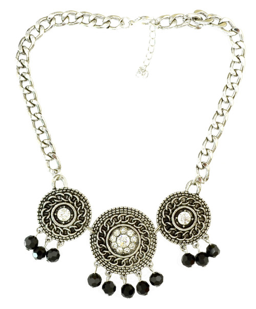 N-3971 New Vintage Style Silver Alloy Chain Carving Flower Round Crystal Beads Tassels Necklace