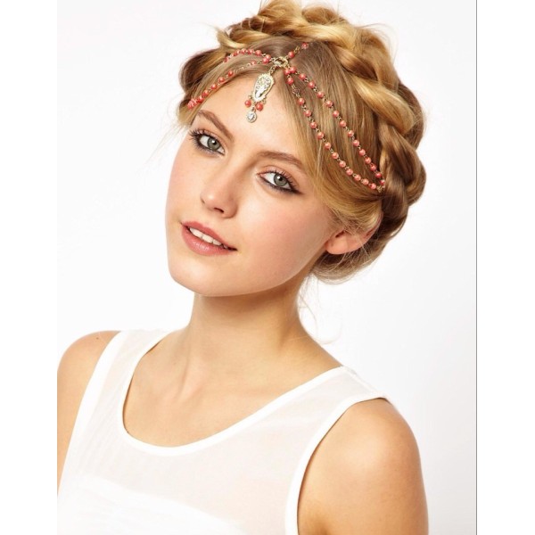 F-0170  European Style Gold Plated Chain Red White Orange Beads Rhinestone Carving Drop Head Band Hair accessories